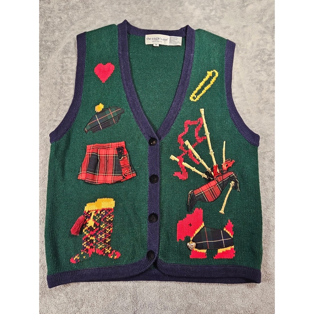 Vintage 1993 Eagles Eye Scottish Scottie Dog Bagpipes Knit Sweater Vest Green M‎